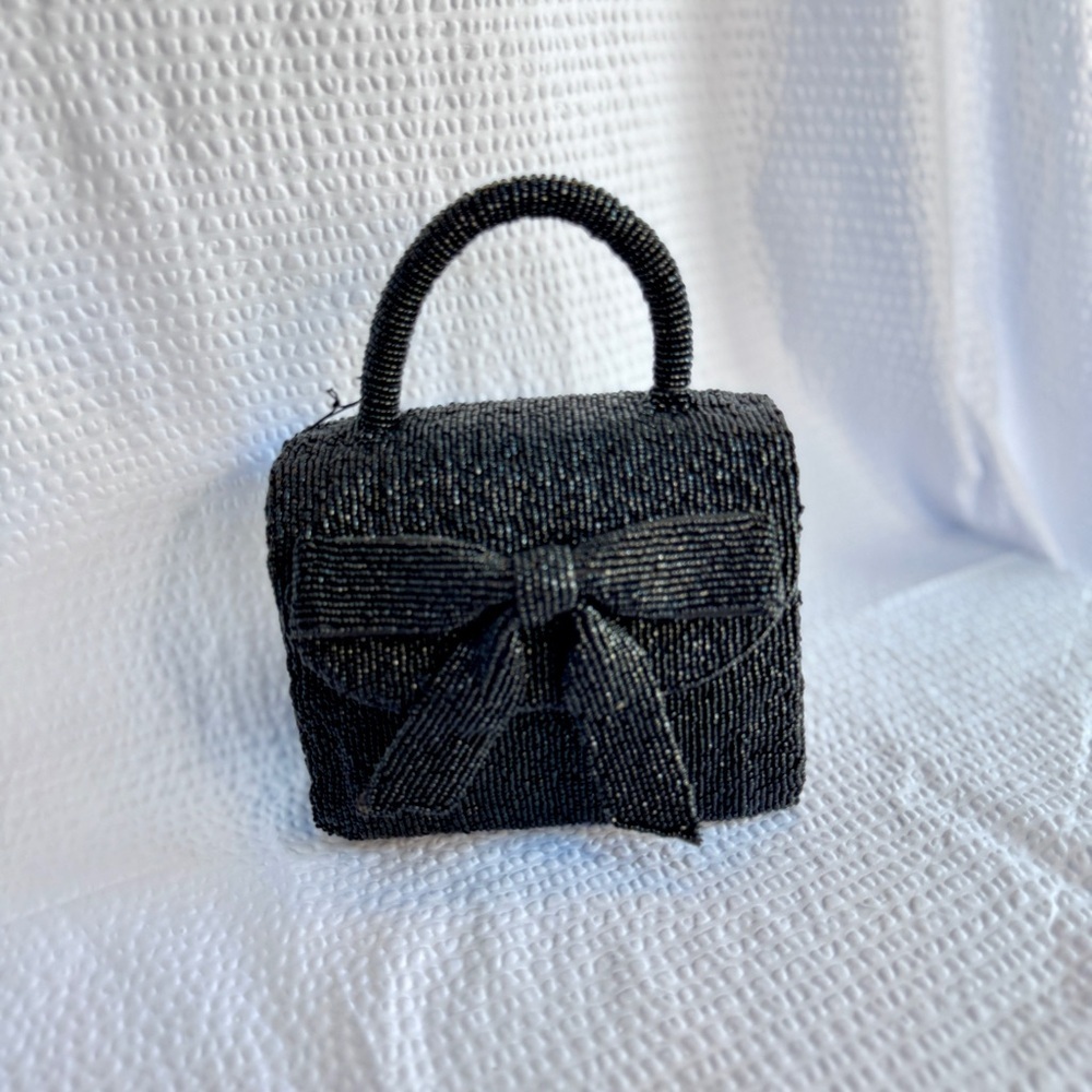 Black Beaded Mini Bow Top Handle Bag | Chain Strap | Evening Clutch | Rachel Zoe - Picture 3 of 9